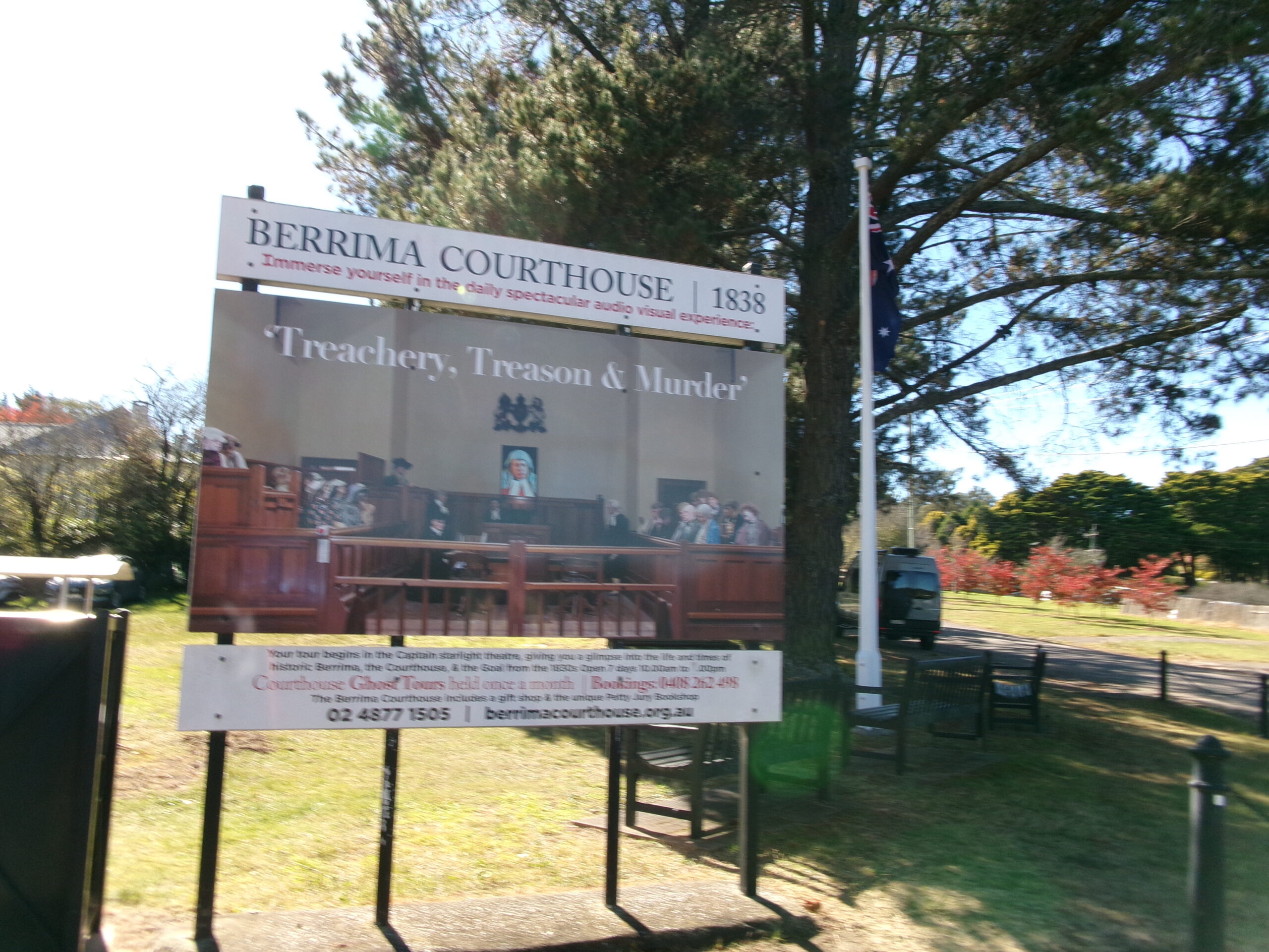 Sign outside Berrima Courthouse Museum in Berrima NSW featuring the historic 1838 courthouse attraction.