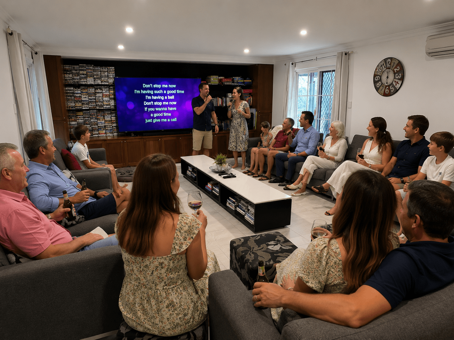 A large family enjoying the Media Room at Berrima Retreat
