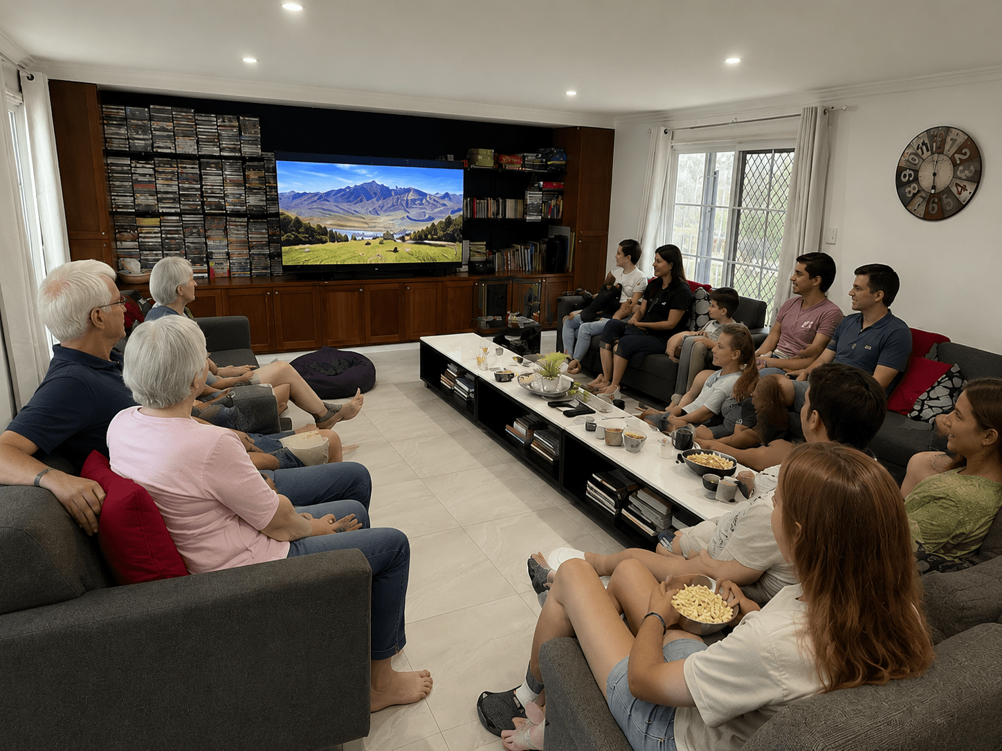 A large family enjoying the media room