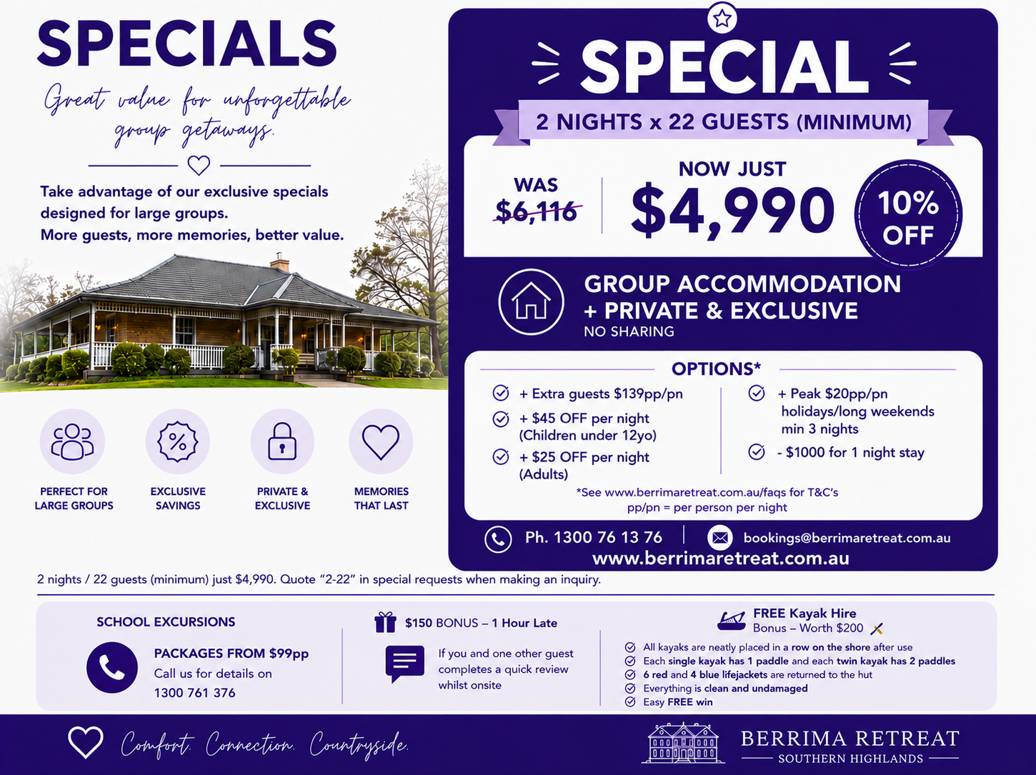 Special Rates at Berrima Retreat