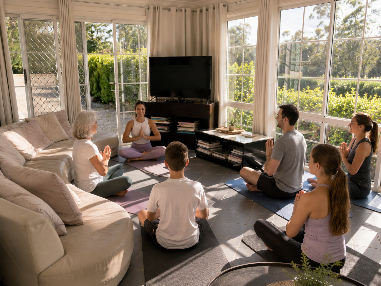 Family members enjoying yoga in the sunroom.