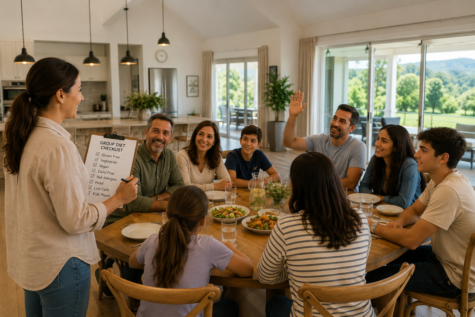 An image of a mom preparing a checklist for the group dietary plans