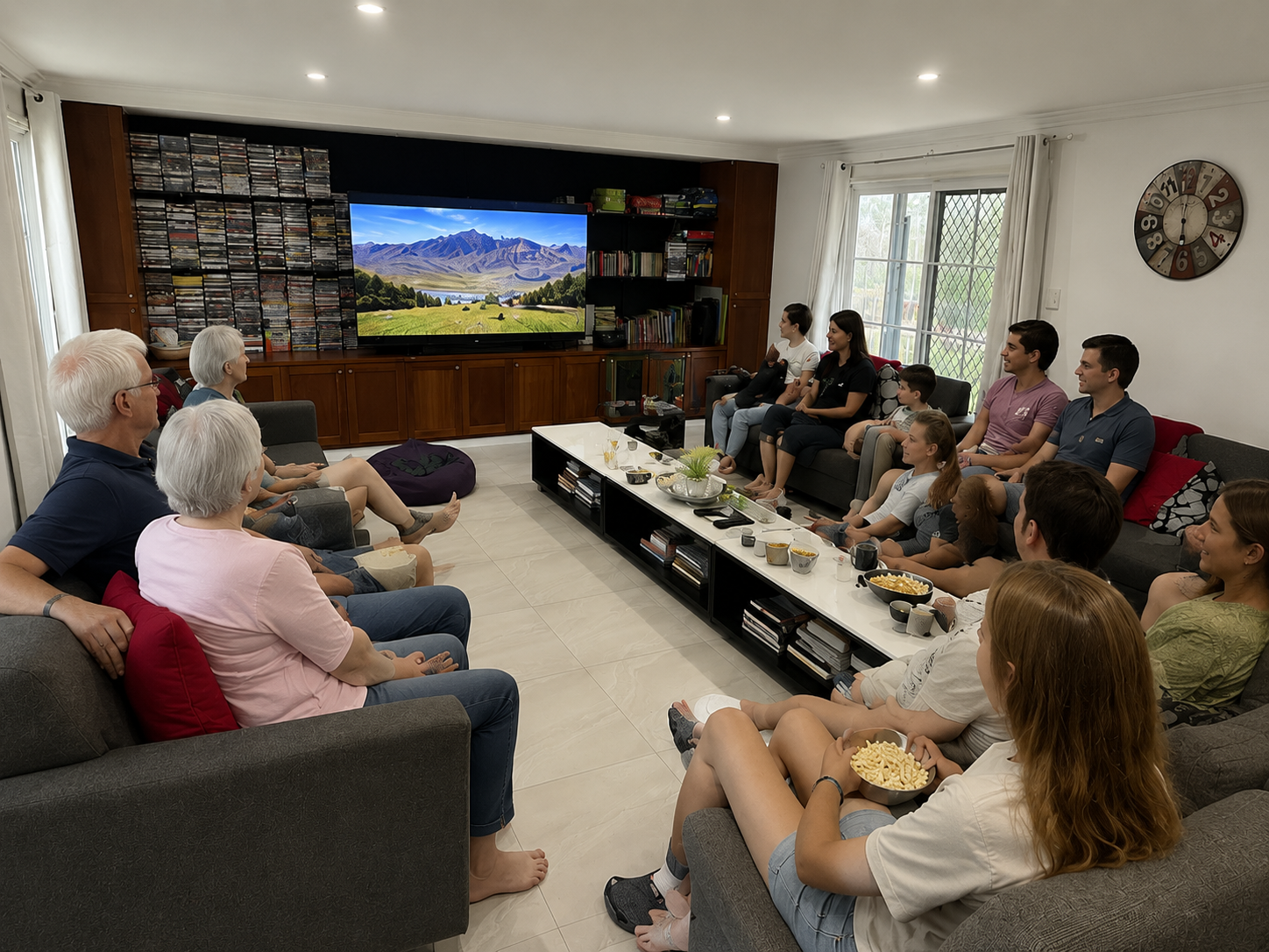 A large family enjoying the Media Room at Berrima Retreat
