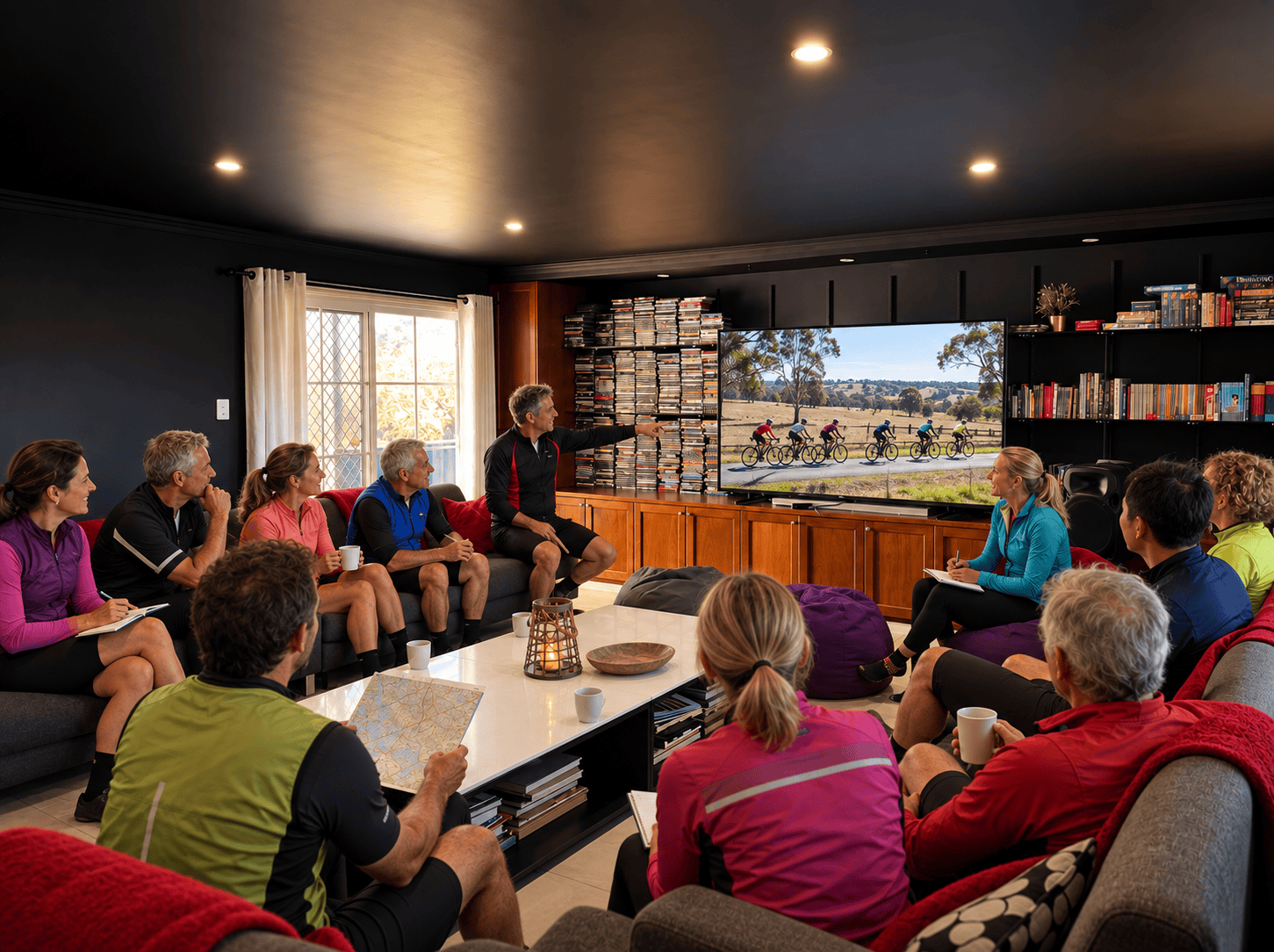 Cycling club reviewing ride footage at Berrima Retreat