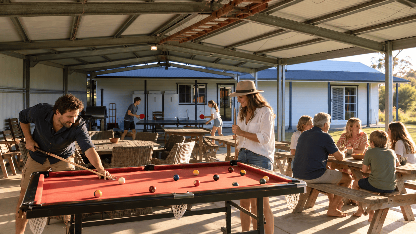 Guests enjoying pool, table tennis and covered activity spaces at Berrima Retreat