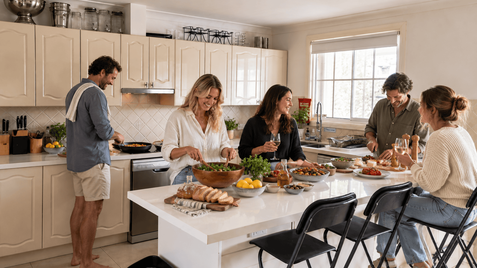 Guests preparing a shared meal in the large self-catering kitchen at Berrima Retreat