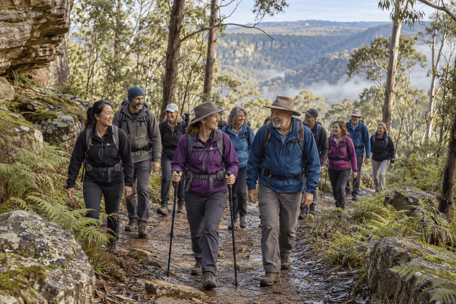 Hiking club exploring a Southern Highlands walking trail