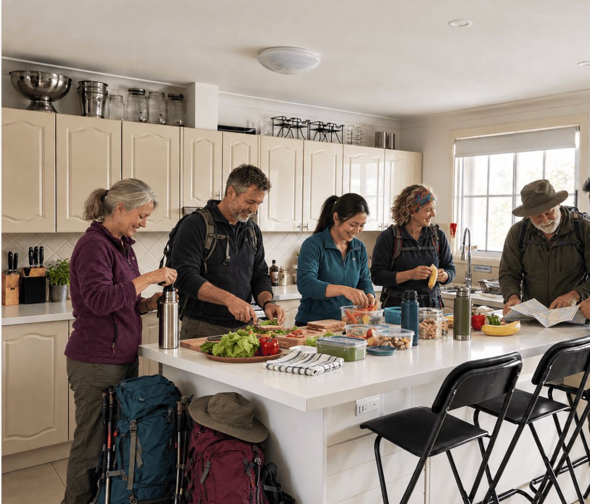 Hiking group preparing lunches at Berrima Retreat