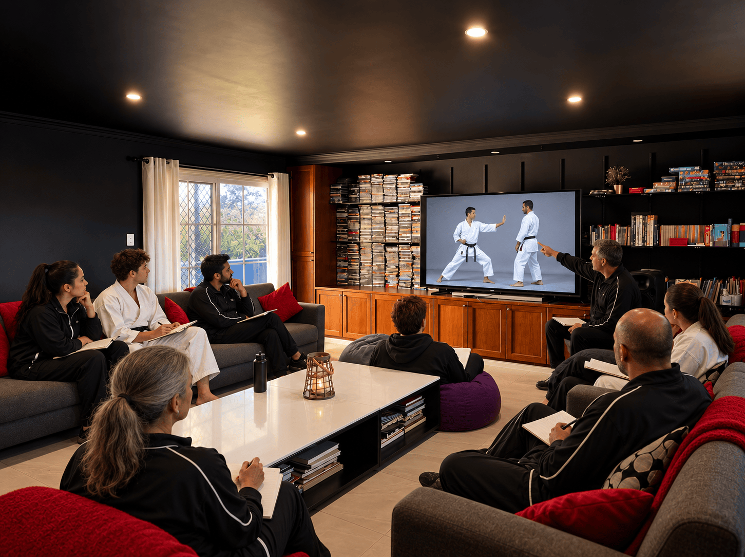 Martial arts club reviewing training footage at Berrima Retreat