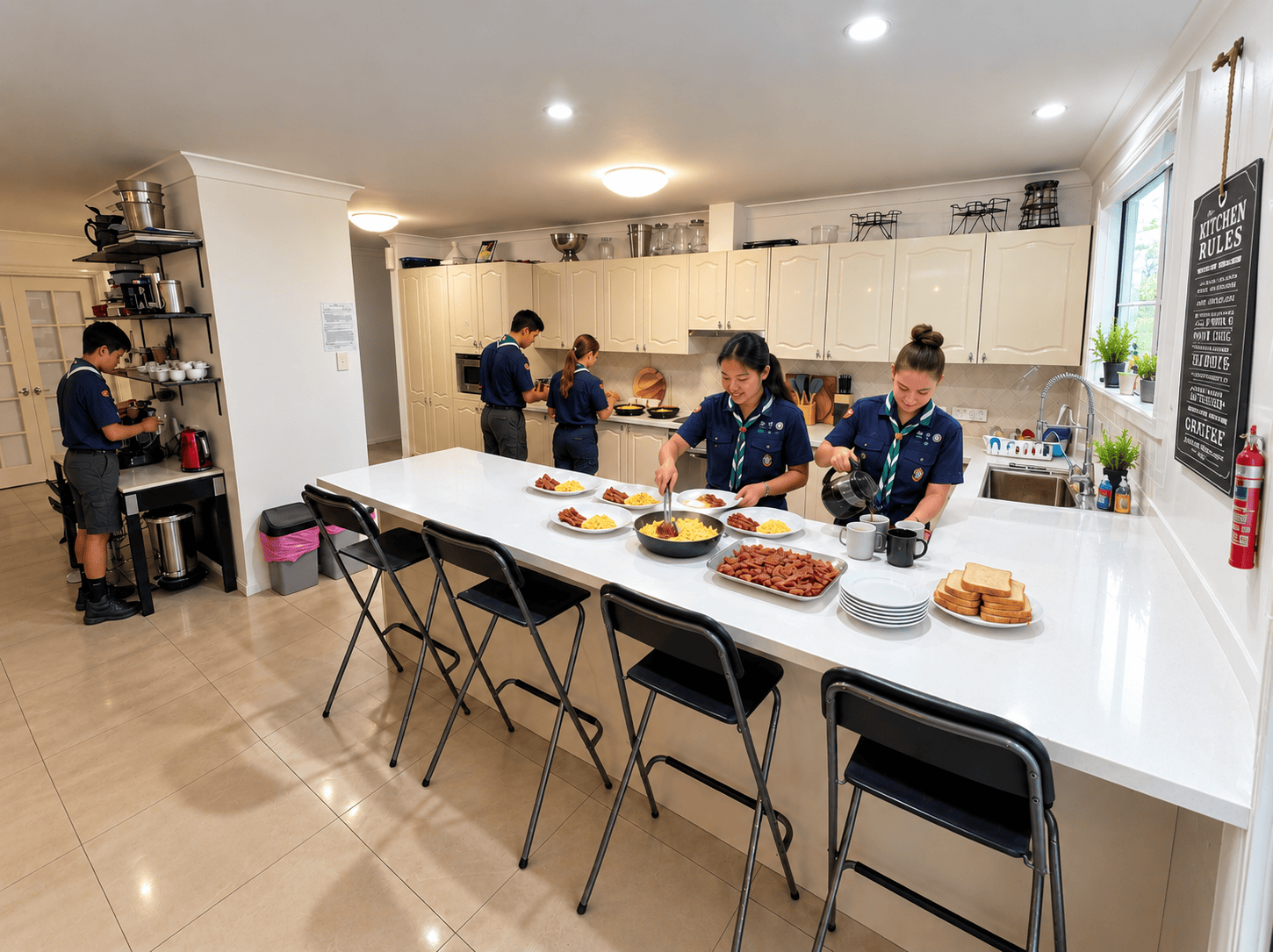 Scouts group making breakfast