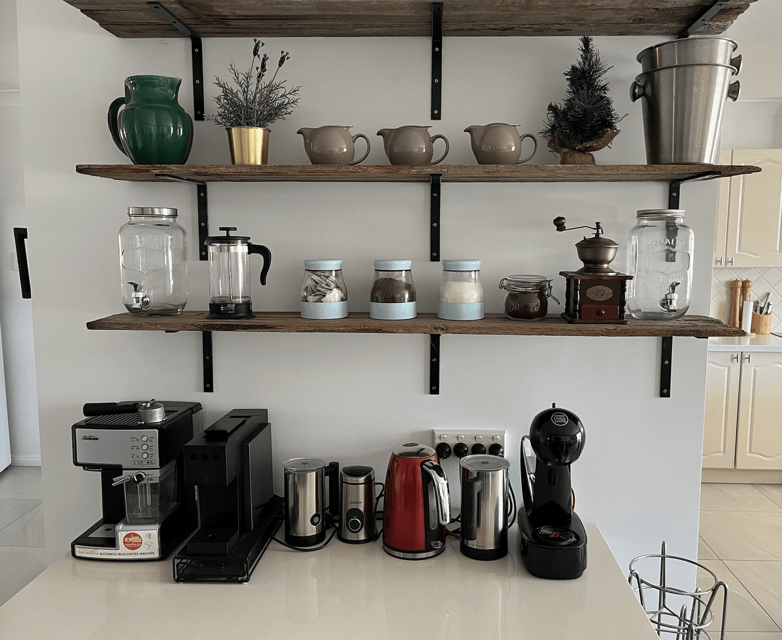 Berrima Retreat offee corner with Espresso machine + Aldi pod machine + Nescafe Dolce machine + coffee grinder 