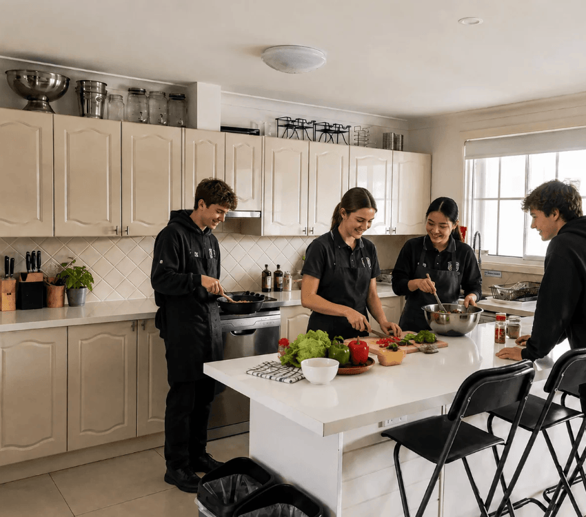 Group preparing a shared meal in the commercial kitchen at Berrima Retreat