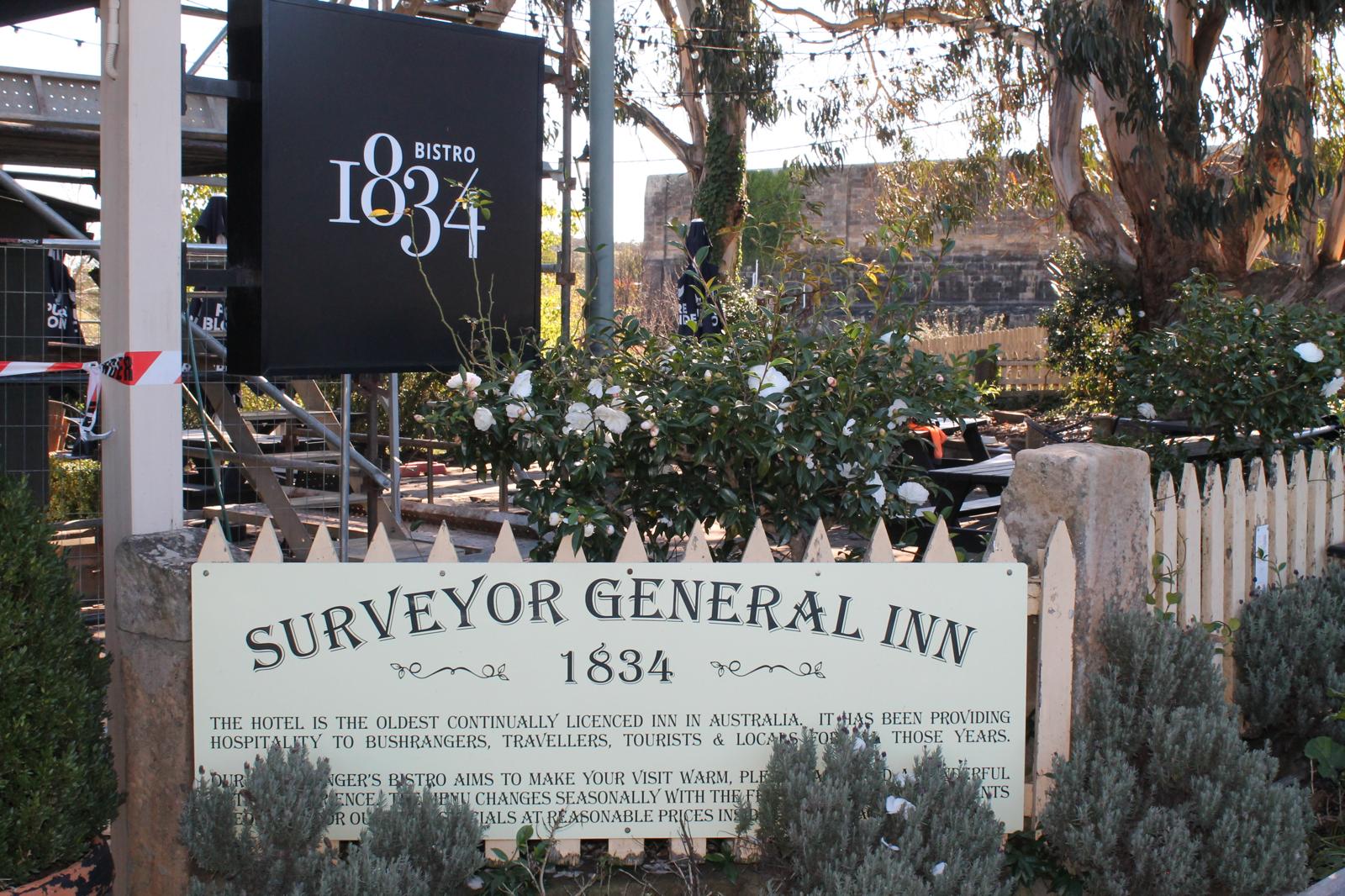 Sign at Surveyor General Inn and Bistro 1834 in Berrima, Australia’s oldest continually licensed hotel.