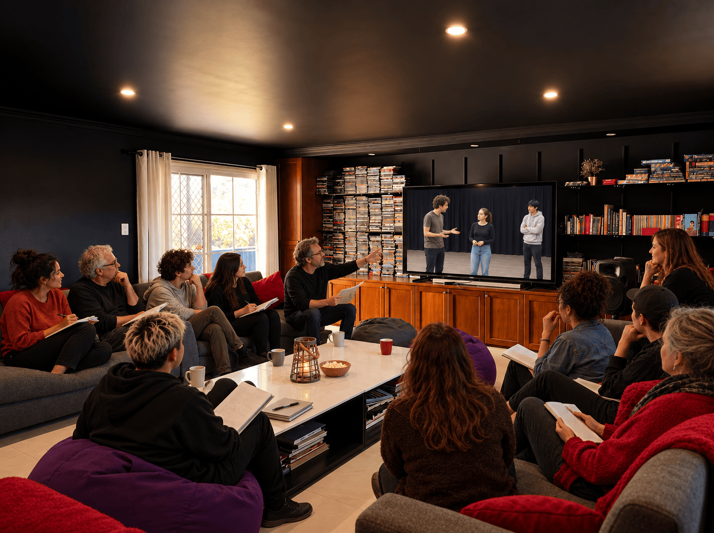 Theatre cast reviewing rehearsal footage at Berrima Retreat