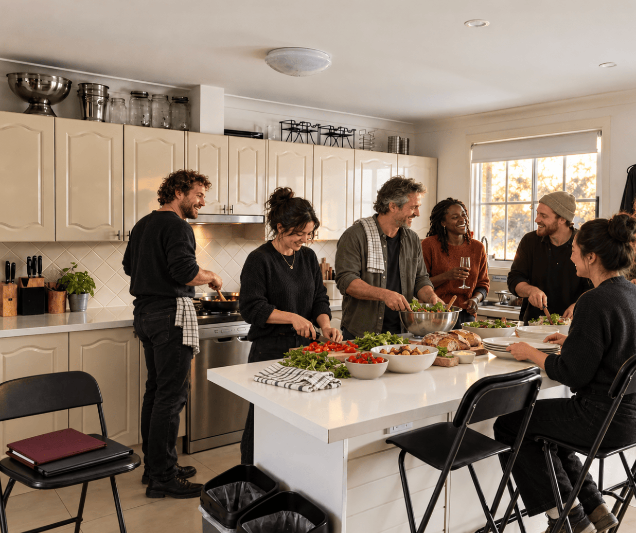 Theatre group preparing a shared meal at Berrima Retreat