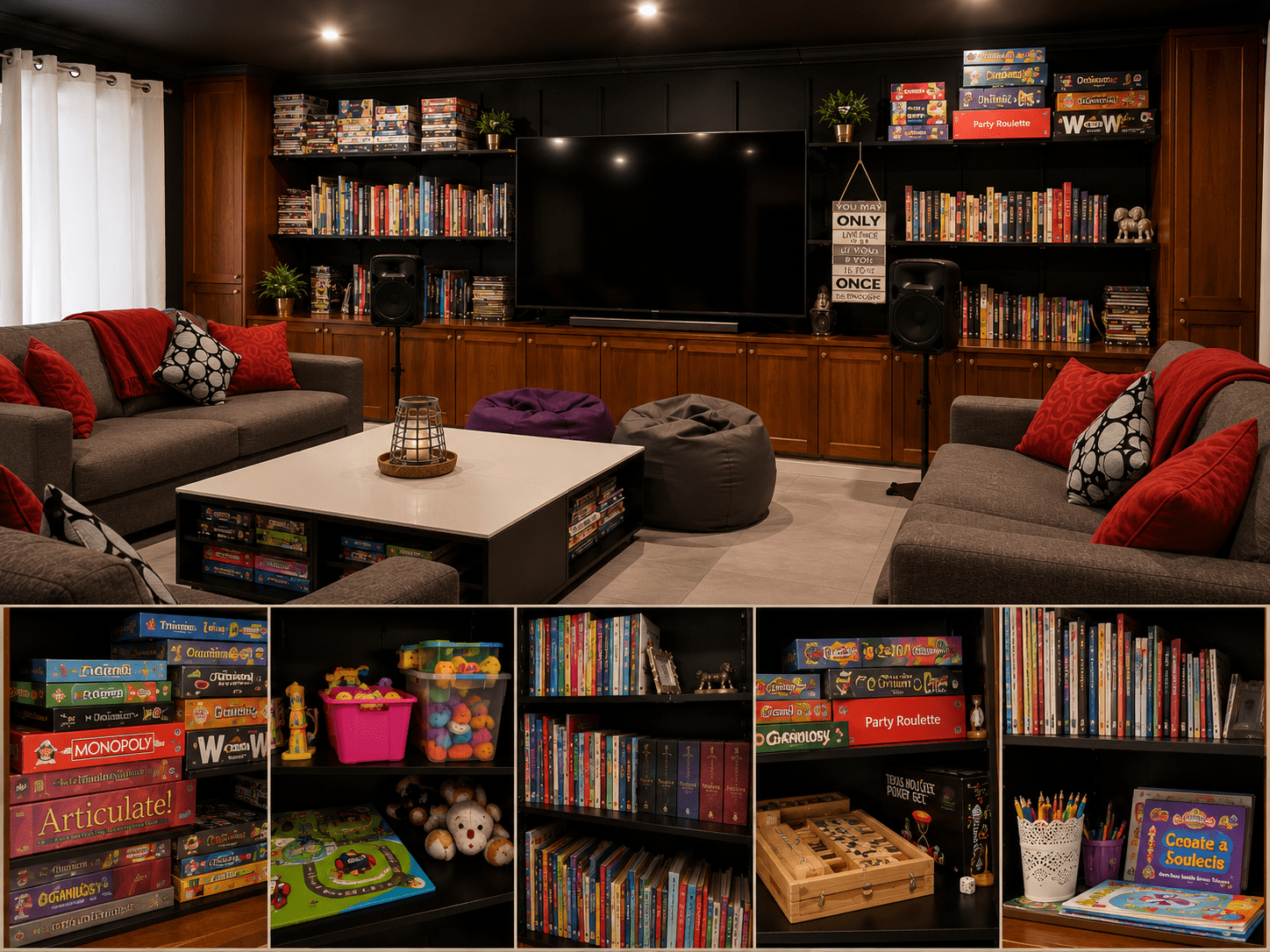 books and toys at berrima retreat cinema room