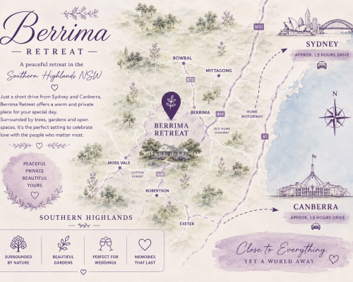 Berrima Retreat illustrated wedding location map in the Southern Highlands NSW with purple accents and nearby Sydney and Canberra routes.