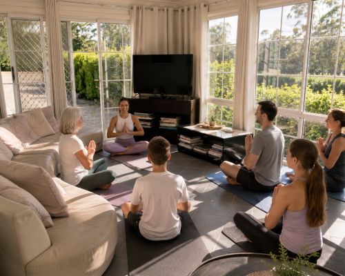 Family members enjoying yoga in the sunroom.