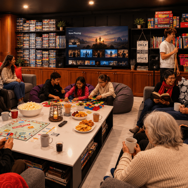 family enjoying the cinema room