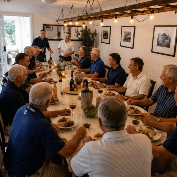 Golf club members gather to dine together in Berrima Retreat's dining area.