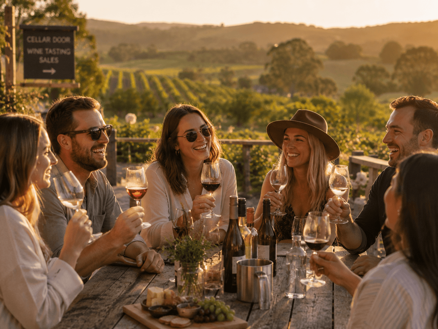 Group of friends enjoying a relaxed wine tasting outdoors at golden hour, surrounded by rolling vineyard hills.
