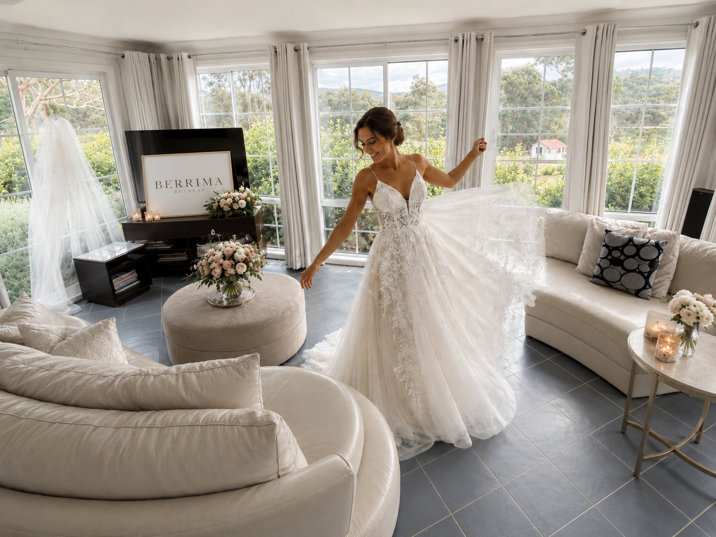 happy bride at berrima retreat sunroom