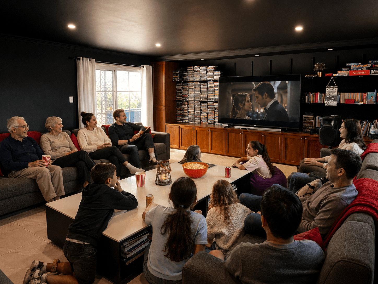 large family group enjoying the family room 
